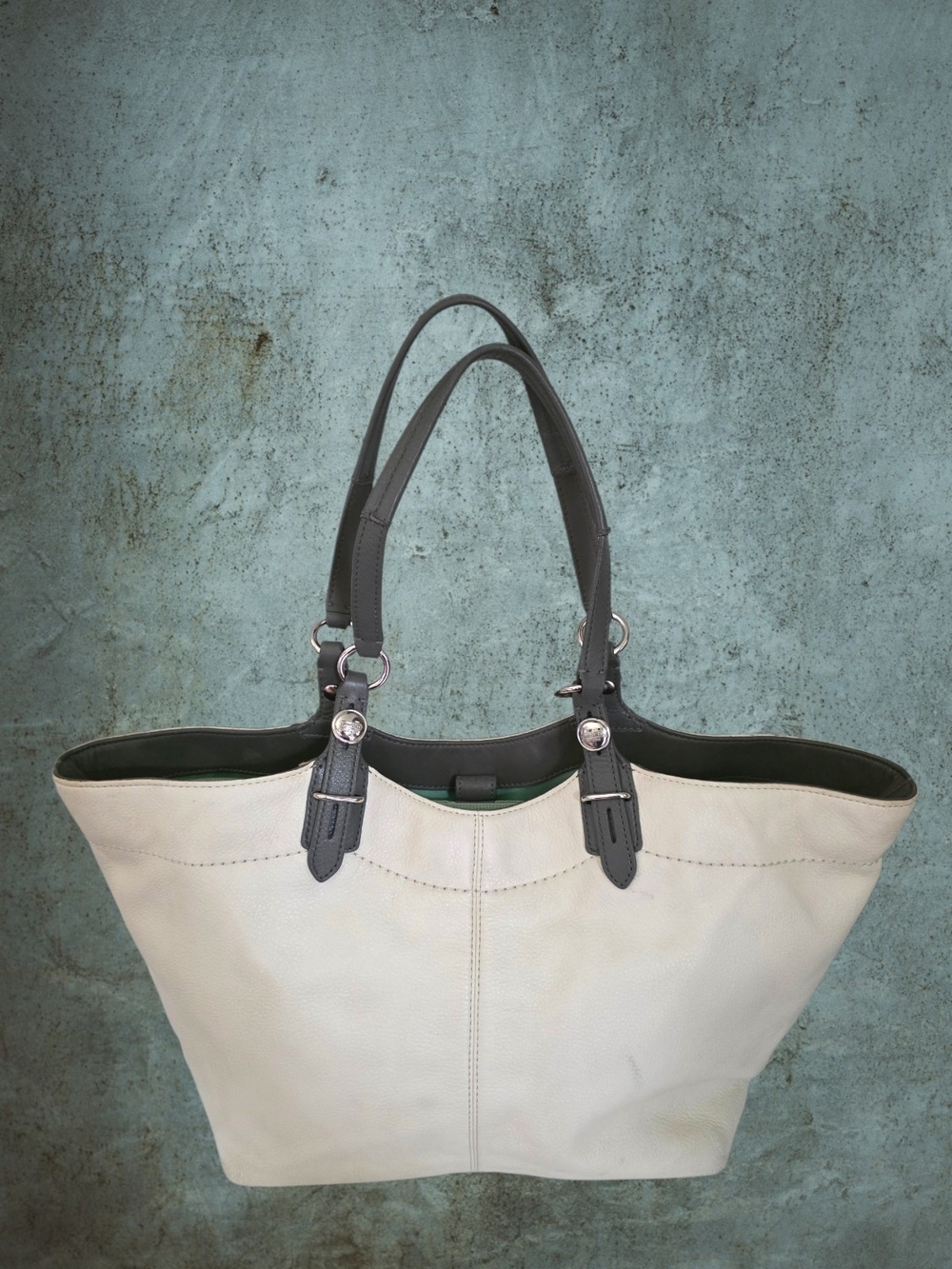 Coach Large Leather Tote Bag Cream Gray Colorblock Shoulder Purse - Picture 4 of 16